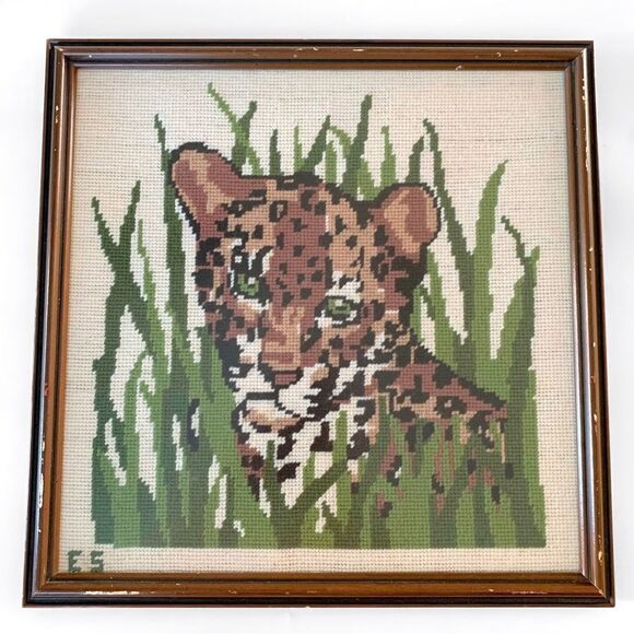 Vintage 1970’s Jungle Leopard Needlepoint Framed Art - Picture 1 of 7